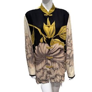 Harari Vintage Silk Art-to-Wear Asian Floral Blouse Tunic Mandarin Collar Large